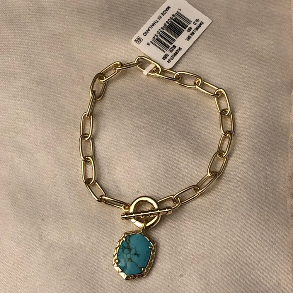 Kendra Scott Daphne Gold Tone Paper Clip Bracelet Variegated Turquoise Charm NWT - Picture 2 of 11